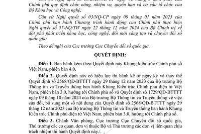 Quyết định số 292/QĐ- BKHCN ngày 25/3/2025 của Bộ Khoa học và Công nghệ về việc ban hành Khung kiến trúc Chính phủ số Việt Nam, phiên bản 4.0