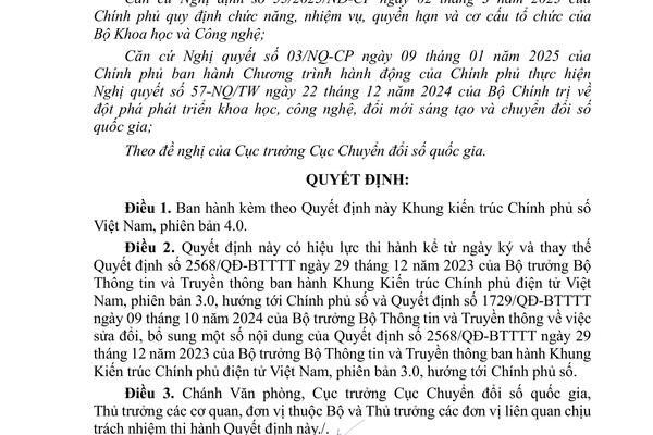 Quyết định số 292/QĐ- BKHCN ngày 25/3/2025 của Bộ Khoa học và Công nghệ về việc ban hành Khung kiến trúc Chính phủ số Việt Nam, phiên bản 4.0